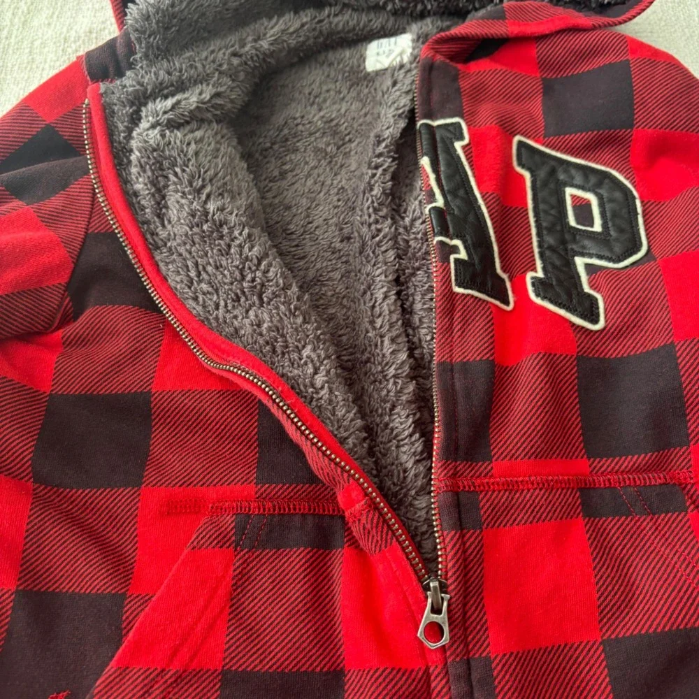 Gap Kids Boys Red Black Buffalo Plaid Sherpa Lined Full Zip Hoodie Size M 8